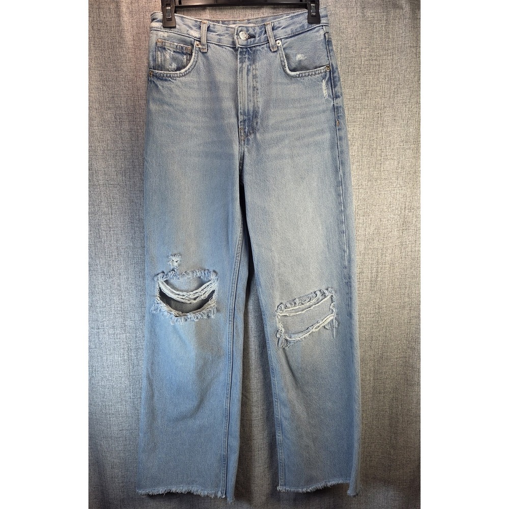 Zara Jeans Women's 4 Blue 90's Stone‎ Wash Baggy Wide Leg Distressed Raw Hem